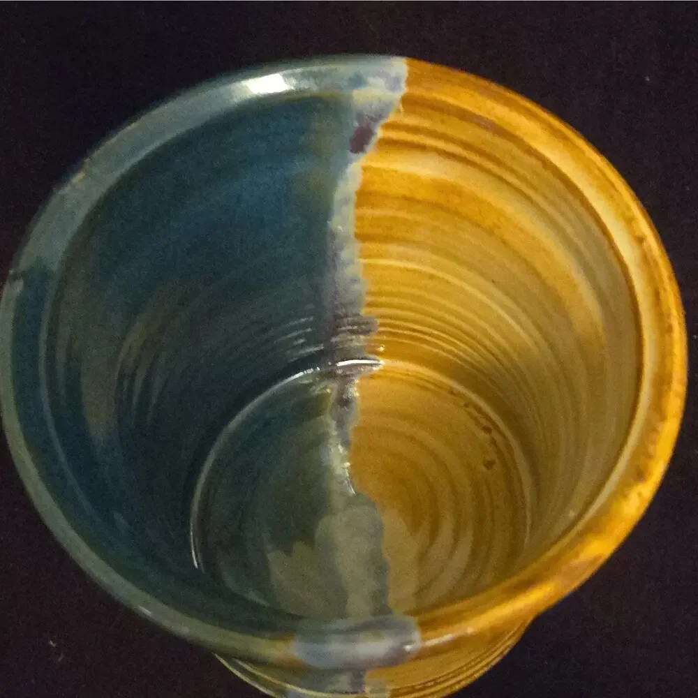 Art Pottery Ceramic Round Planter Cachepot Blue Brown Drip Glaze Glossy
